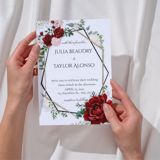 red Geometric Floral Wedding Invitation Kaart