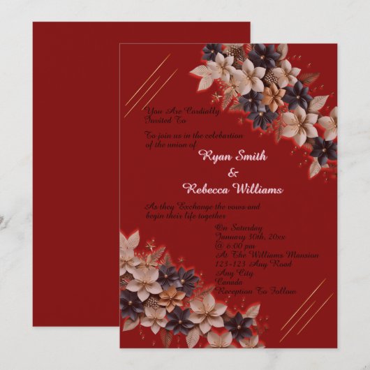 Red Geometric Floral Wedding Invitation Kaart (Voorkant / Achterkant)