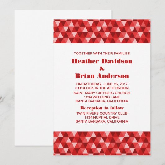 Red Geometric Triangles Wedding Invite Kaart (Voorkant / Achterkant)