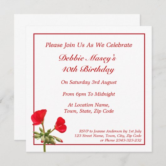 Red Geranium Birthday Invitation Kaart (Voorkant / Achterkant)
