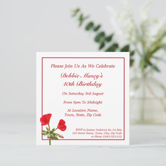 Red Geranium Birthday Invitation Kaart (Staand voorkant)