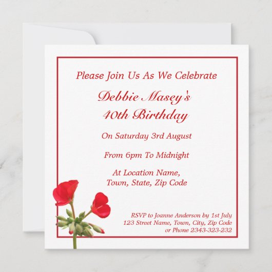 Red Geranium Birthday Invitation Kaart (Voorkant)