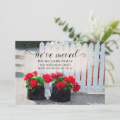 Red Geranium Flower Pots Picket Fence Moving Aankondiging (Staand voorkant)