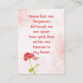 Red Geranium Memorial Pocket Keepsake Visitekaartje (Achterkant)