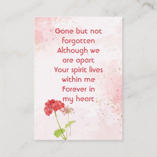 Red Geranium Memorial Pocket Keepsake Visitekaartje (Achterkant)