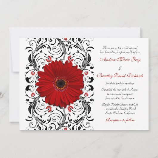Red Gerber Daisy Black Floral Wedding Invitation Kaart (Voorkant)
