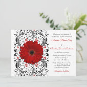 Red Gerber Daisy Black Floral Wedding Invitation Kaart (Staand voorkant)