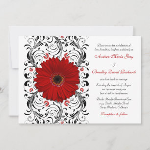 Red Gerber Daisy Black Floral Wedding Invitation Kaart