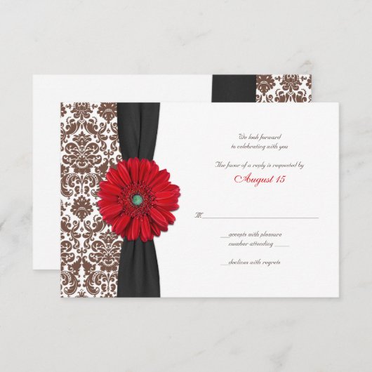 Red Gerber Daisy Damask Reply Kaart (Voorkant / Achterkant)