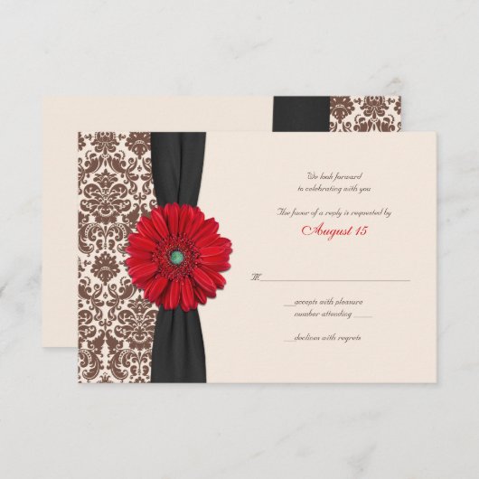 Red Gerber Daisy Damask Reply Kaart (Voorkant / Achterkant)