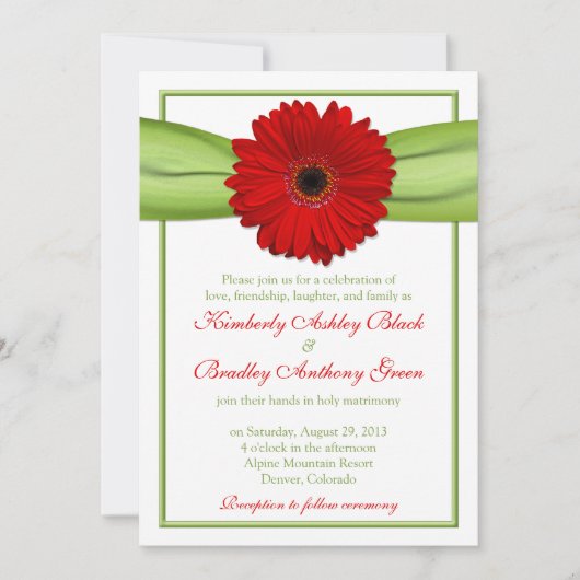 Red Gerber Daisy Green Ribbon Wedding Invitation Kaart (Voorkant)