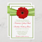 Red Gerber Daisy Green Ribbon Wedding Invitation Kaart (Voorkant / Achterkant)