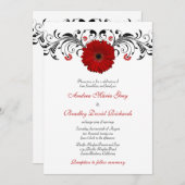 Red Gerbera Daisy Black Floral Wedding Invitation Kaart (Voorkant / Achterkant)