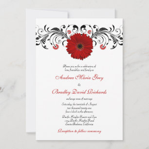 Red Gerbera Daisy Black Floral Wedding Invitation Kaart
