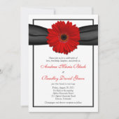 Red Gerbera Daisy Black Ribbon Wedding Invitation Kaart (Voorkant)