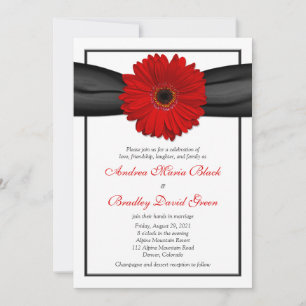Red Gerbera Daisy Black Ribbon Wedding Invitation Kaart