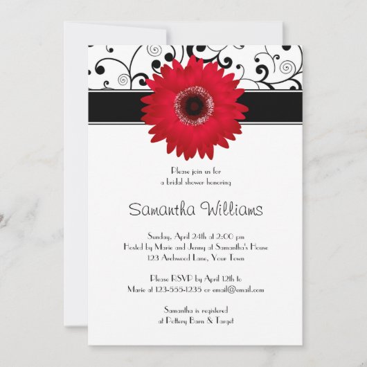 Red Gerbera Daisy Black Scroll Vrijgezellenfeest Kaart (Voorkant)