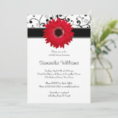 Red Gerbera Daisy Black Scroll Vrijgezellenfeest Kaart (Staand voorkant)