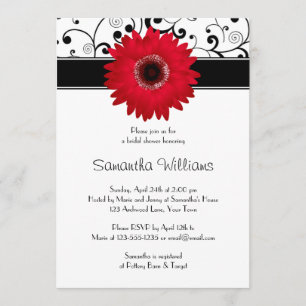 Red Gerbera Daisy Black Scroll Vrijgezellenfeest Kaart