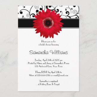 Red Gerbera Daisy Black Scroll Vrijgezellenfeest Kaart