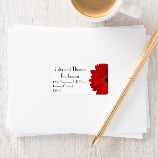 Red Gerbera Daisy Bloem Bruiloft Retouradres Etiket (Insitu)
