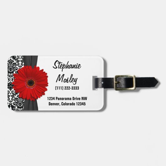 Red Gerbera Daisy Damask Floral Bagagelabel (Voorkant horizontaal)