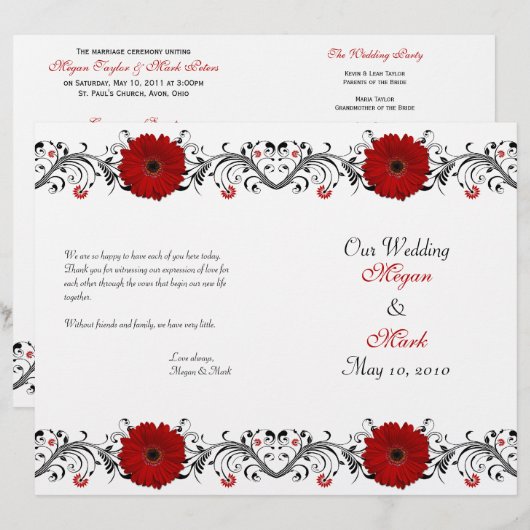 Red Gerbera Daisy Floral Wedding Programme (Voorkant / Achterkant)