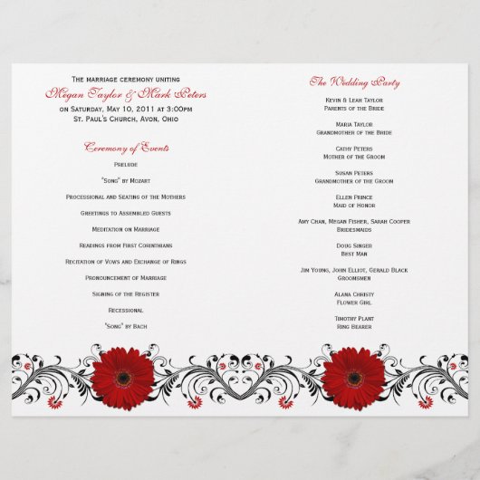Red Gerbera Daisy Floral Wedding Programme (Achterkant)