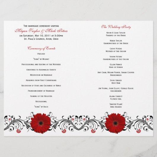 Red Gerbera Daisy Floral Wedding Programme (Achterkant)