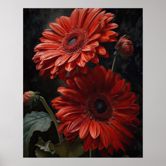 Red Gerbera Daisy Flowers Art Print Poster (Voorkant)