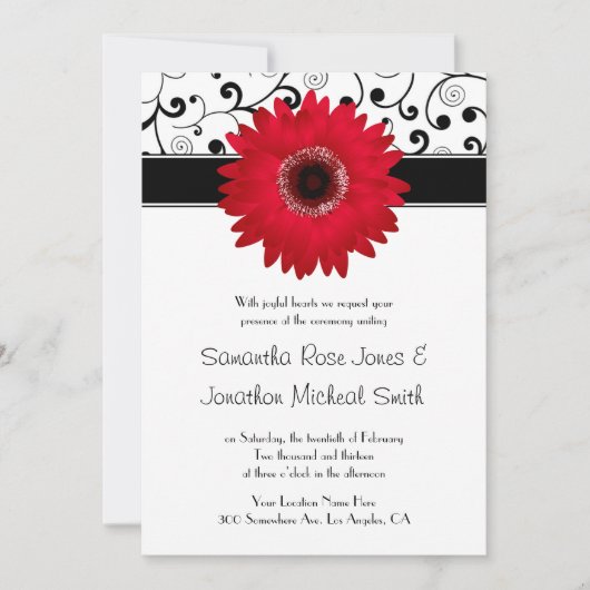 Red Gerbera Daisy met Black Scroll Design Wedding Kaart (Voorkant)