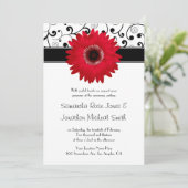 Red Gerbera Daisy met Black Scroll Design Wedding Kaart (Staand voorkant)