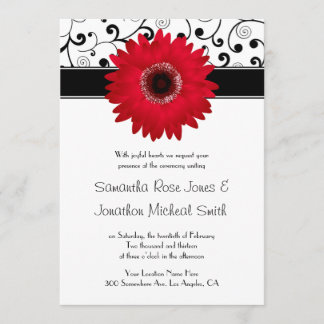 Red Gerbera Daisy met Black Scroll Design Wedding Kaart