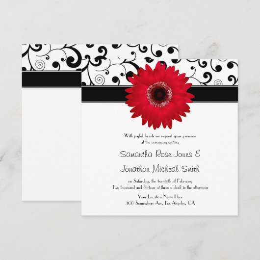 Red Gerbera Daisy met Black Scroll Design Wedding Kaart (Voorkant / Achterkant)