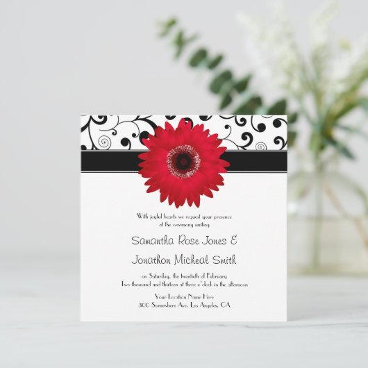 Red Gerbera Daisy met Black Scroll Design Wedding Kaart (Staand voorkant)