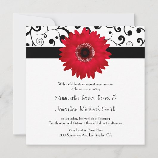 Red Gerbera Daisy met Black Scroll Design Wedding Kaart (Voorkant)