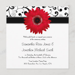 Red Gerbera Daisy met Black Scroll Design Wedding Kaart
