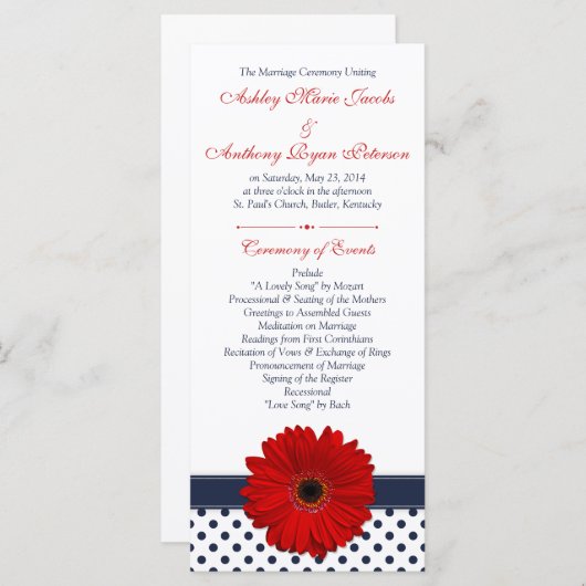 Red Gerbera Daisy Navy Polka Dot Wedding Program Programmakaart (Voorkant / Achterkant)