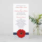 Red Gerbera Daisy Navy Polka Dot Wedding Program Programmakaart (Staand voorkant)