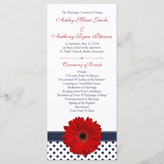Red Gerbera Daisy Navy Polka Dot Wedding Program Programmakaart (Voorkant)