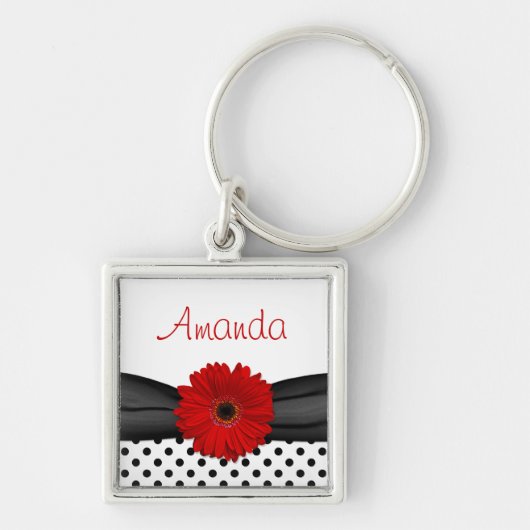 Red Gerbera Daisy Polka Dot Custom Name Sleutelhan Sleutelhanger (Voorkant)