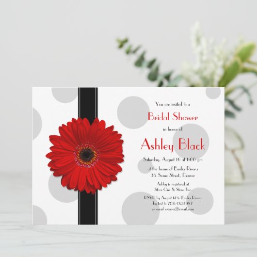 Red Gerbera Polka Dot Bridal Shower Invitation Kaart (Staand voorkant)