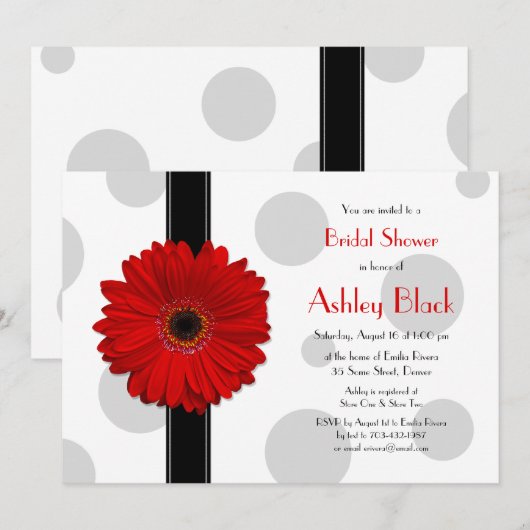 Red Gerbera Polka Dot Bridal Shower Invitation Kaart (Voorkant / Achterkant)