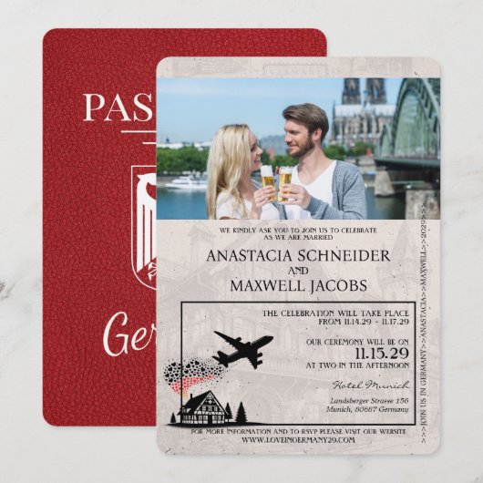 Red Germany Passport Wedding Invitation Kaart (Voorkant / Achterkant)