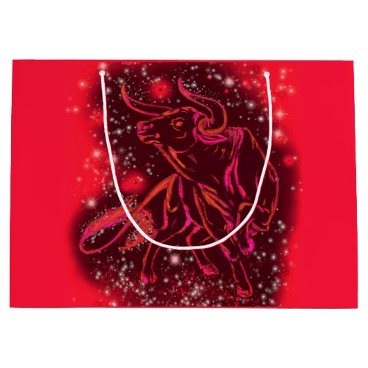 Red Gift Bag Bull die bij Sterrennacht loopt Groot Cadeauzakje (Voorkant)