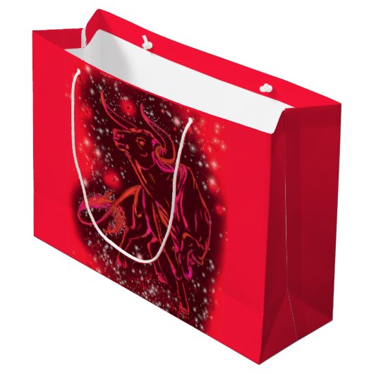 Red Gift Bag Bull die bij Sterrennacht loopt Groot Cadeauzakje (Voorkant Gekanteld)