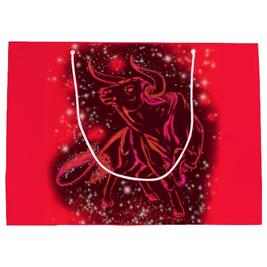 Red Gift Bag Bull die bij Sterrennacht loopt Groot Cadeauzakje (Achterkant)
