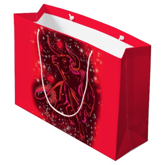 Red Gift Bag Bull die bij Sterrennacht loopt Groot Cadeauzakje (Achterkant Gekanteld)