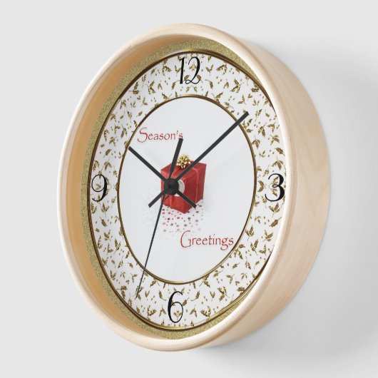 Red Gift Box Gold Holly Flourly kerstklok (Hoek)