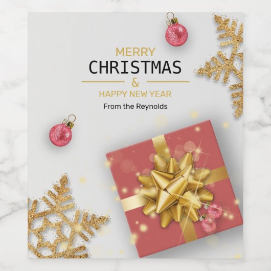 Red Gift Box Gold Snowflakes kerstballen Wijn Etiket (Enkel label)